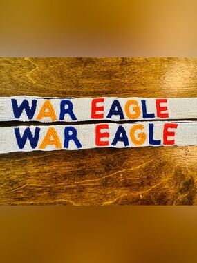 White hand Beaded War Eagle/Auburn game day purse strap, gold hardware